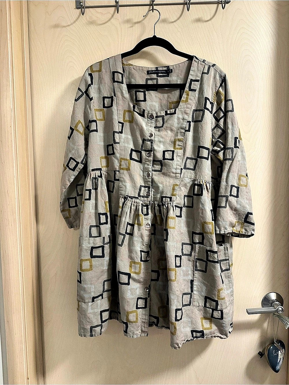 GUDRUN SJODEN Beige Block Lagenlook Linen 3/4 Sleeve Blouse Tunic Shirt Size L